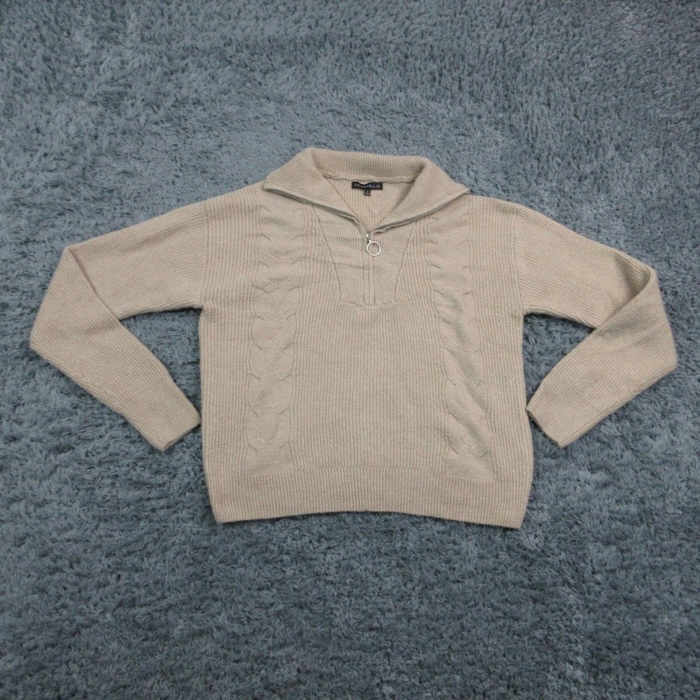 Love Ellie Sweater Pullover Womens S Beige Collared 1/4 Zip Cable-Knit